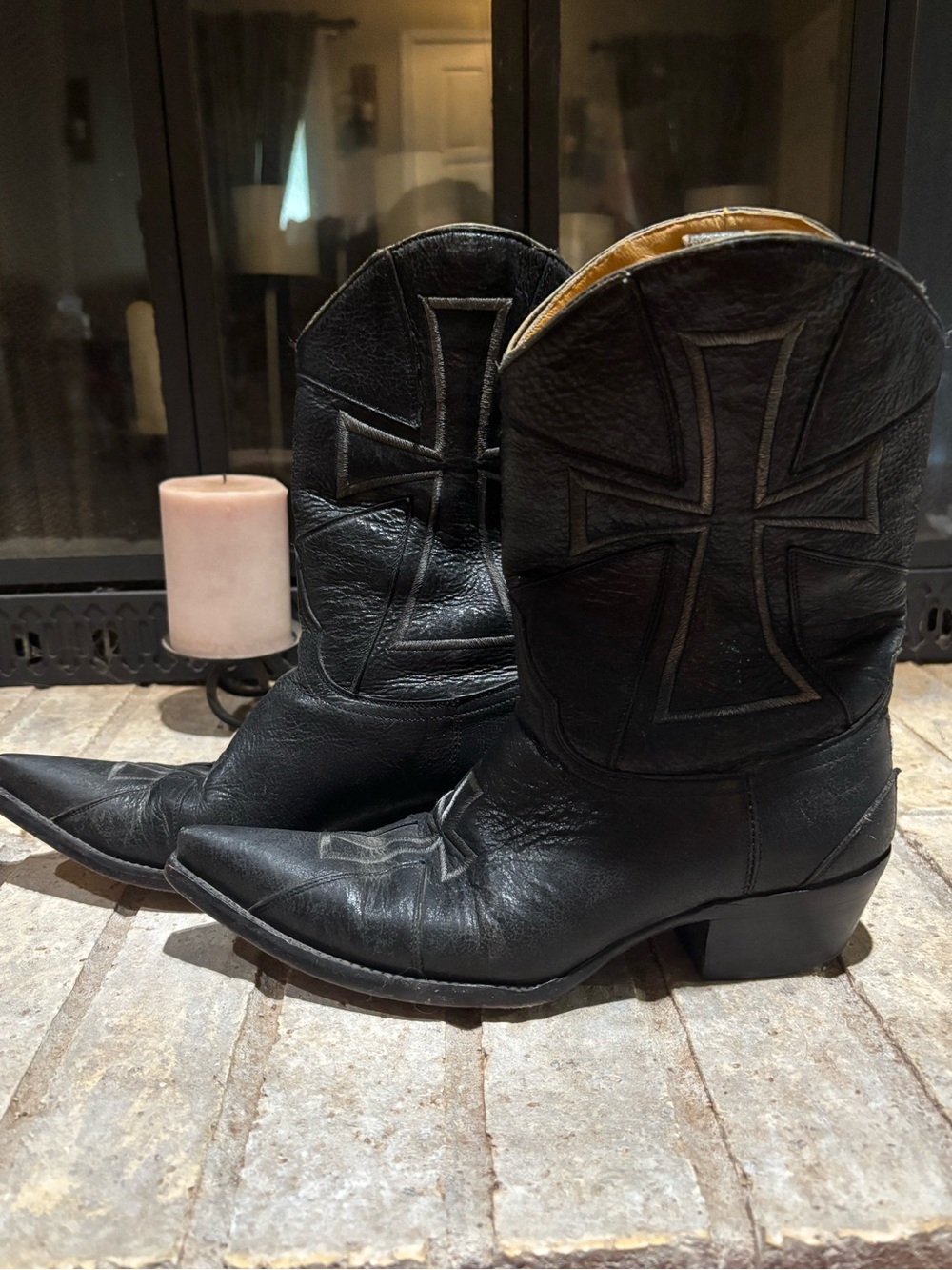 🖤Old Gringo Vintage Black Leather Cross Western Mid-calf Boots, Snip Toe, Size 7 - Picture 3 of 10